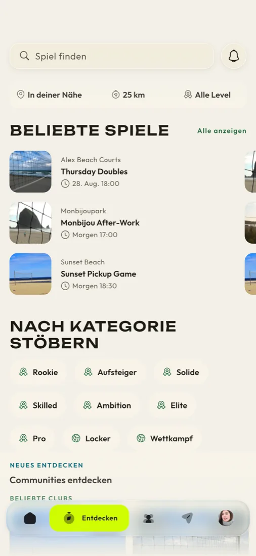 Spielstärkebasiertes Matchmaking in der OnSand-App.